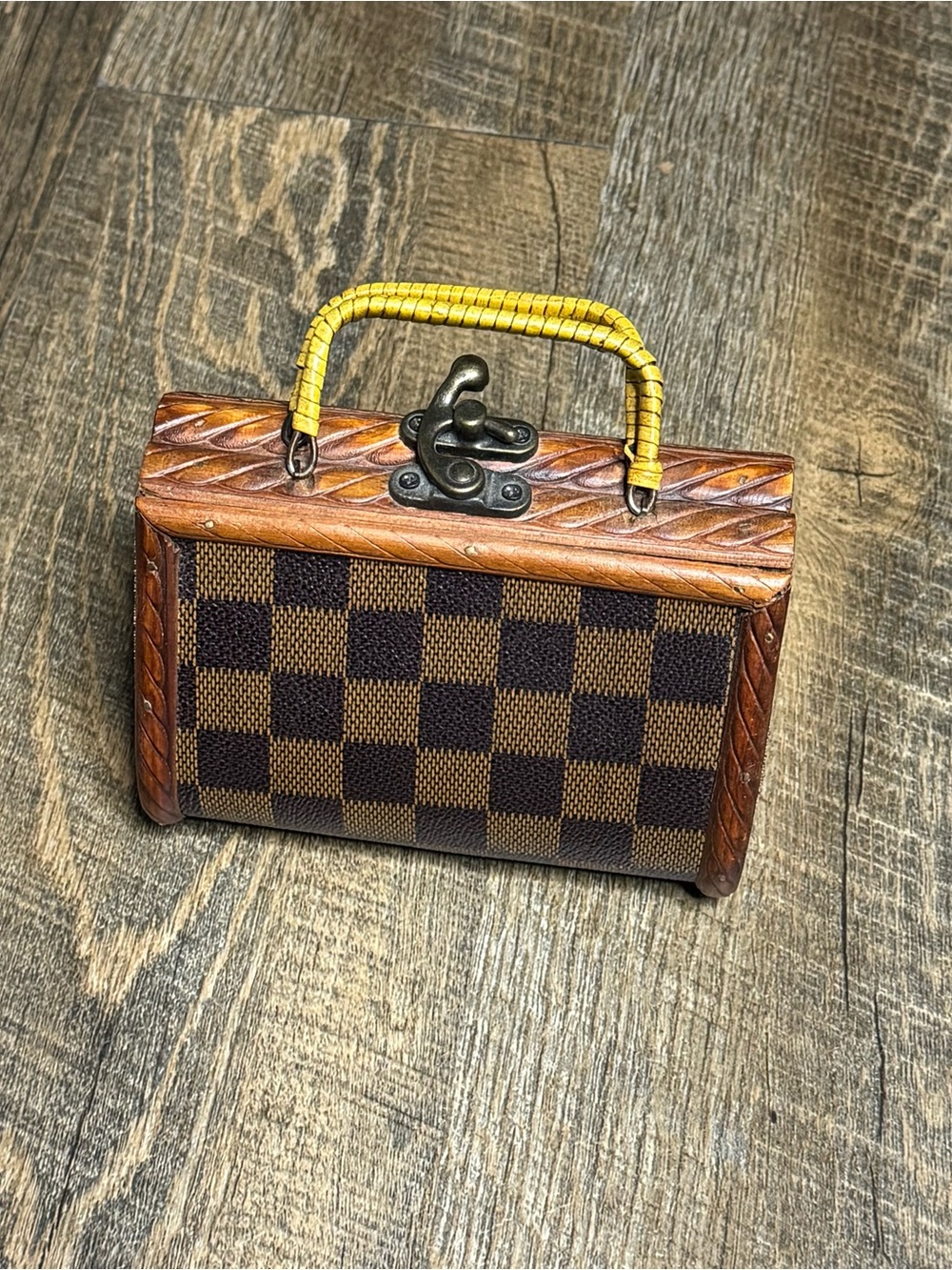 Wooden Box Vintage Mini Trinket/Jewelry Box Case Brown Checkered